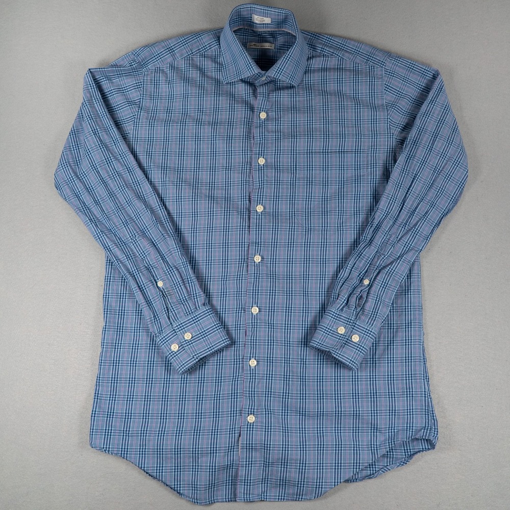 Peter Millar Mens Shirt Medium Classic Fit Plaid Cotton Blue Pink Long Sleeve